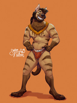 anthro areola beard briefs briefs_only brown_body brown_fur brown_hair bulge chest_tuft clothed clothing clothing_pull digitigrade ear_piercing facial_hair feet fingers fist front_view fur gauged_ear hair humanoid_hands logo looking_at_viewer male markings navel nipples orange_background partially_clothed piercing pose shadow short_hair simple_background smile solo standing striped_markings stripes tan_body tan_fur text toes toothy_smile topless tuft underwear underwear_only underwear_pull yellow_eyes senor_nutria rudderbutts jairus hyena mammal striped_hyena artist_logo artist_name colored full-length_portrait hi_res pinup portrait shaded