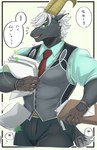 anthro athletic athletic_anthro athletic_male black_body black_fur clothing eyewear fur glasses gloves hair handwear horn male necktie solo text white_hair izm_rm7 lifewonders tokyo_afterschool_summoners tanngrisnir_(tas) bovid caprine goat mammal absurd_res hi_res japanese_text