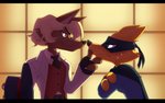 anthro black_bars duo male male/male messer-aramis kaiketsu_zorori gaon zorori canid canine canis fox mammal wolf 16:10 absurd_res hi_res letterbox widescreen