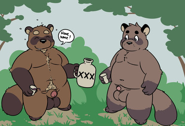 alcohol animal_genitalia anthro balls beverage big_balls drunk duo flaccid food genitals male overweight penis sake sheath small_penis substance_intoxication tail p3ntavus canid canine mammal raccoon_dog tanuki