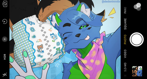 abdl abu_little_paws anthro back_towards_viewer bed black_body black_fur blue_body blue_fur blush brown_body brown_fur camera camera_view close-up clothed clothing diaper diaper_fetish duo foreshortening fur furniture green_body green_fur kerchief looking_at_viewer lying one_eye_closed pawpads photo printed_diaper puppy_pad rear_view selfie smile tail thick_diaper tongue tongue_out wearing_diaper wink obedientmirelle abuniverse littlepawz absurd_res hi_res