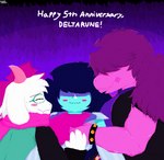 anthro big_ears blush breasts clothed clothing cuddling detailed_background detailed_fur dialogue eyes_closed eyewear female flustered fur grass hair horn hug interspecies lying male male/female male/male outside plant romantic simple_background smile text topwear white_body white_fur pachiimochii deltarune mythology undertale_(series) kris_(deltarune) ralsei susie_(deltarune) bovid caprine dragon goat human humanoid mammal mythological_creature mythological_scalie reptile scalie absurd_res detailed digital_media_(artwork) english_text hi_res