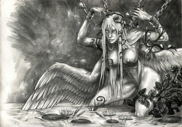 bdsm bound breasts chain chained cuff_(restraint) feathered_wings feathers female flower hair handcuffs kneeling long_hair metal_cuffs navel nipples not_furry nude plant restraints rose_(flower) shackles solo water wings harag angel humanoid winged_humanoid greyscale monochrome traditional_media_(artwork)