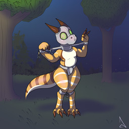 2_horns accidentally_stuck ambiguous_gender anthro arm_spreader biped black_markings black_stripes bound broken_key chastity_belt chastity_device claws countershading cuff_(restraint) digitigrade exhibitionism forest front_view gimp_mask green_eyes green_sclera holding_key holding_object horn key legs_together lock looking_at_object markings mask night nude orange_body orange_scales outside padlock plant public public_nudity restraints ring_(marking) ringed_tail scales self-bondage shackles solo spreader_bar striped_markings striped_tail stripes tail tail_markings toe_claws tree white_body white_countershading white_stripes yoke_(restraint) raevild nivomi kobold scalie 1:1 2025 hi_res