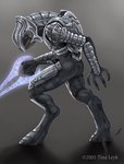 2005 4_fingers alien anthro arbiter_(halo) armor artist_name bodysuit butt clothing dated energy_sword fingers halo_(series) headgear helmet looking_back male melee_weapon microsoft sangheili simple_background skinsuit solo sword thel_'vadam tight_clothing tina_leyk weapon xbox_game_studios