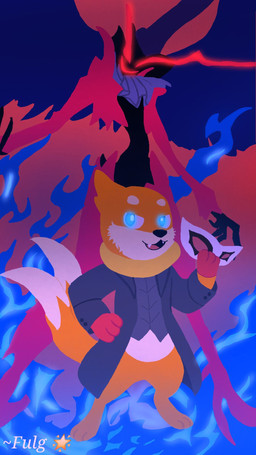 2_tails 3_fingers 3_toes anthro biped blue_background blue_eyes blue_fire clothed clothing colored_fire duo feet fingers fire fur glistening glistening_eyes long_tail male mask multi_tail open_mouth orange_body orange_fur orange_tail pink_tongue simple_background standing tail teeth toes tongue fulgito_ast nintendo pokemon arsene_(persona) buizel generation_4_pokemon pokemon_(species) 2025 9:16 hi_res