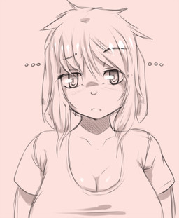 big_breasts breasts cleavage clothed clothing female hair looking_at_viewer shirt simple_background solo topwear translucent translucent_hair white_background coffeechicken canid canine canis domestic_dog mammal bust_portrait digital_media_(artwork) monochrome portrait shaded source_request