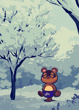 anthro apron blue_apron blue_clothing brown_body brown_fur chibi clothing eyes_closed fur outside plant slightly_chubby snow solo tree eiffelart animal_crossing nintendo tom_nook_(animal_crossing) canid canine mammal raccoon_dog tanuki 2015 low_res