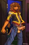 amber_eyes anthro athletic athletic_anthro athletic_male balls biped bottomwear brown_body brown_fur brown_hair caduceus clothed clothing condom denim denim_bottomwear denim_clothing detailed_background digital_media_(artwork) doorway erection felid fur genitals hair hi_res higsby holding_penis humanoid_genitalia humanoid_penis jacket jeans leon_(montez) lion looking_at_viewer male mammal night open_mouth orange_body orange_fur pantherine pants partially_clothed penis pink_nose pink_penis pose presenting presenting_penis pubes sexual_barrier_device shirt solo standing star teeth topwear tuft undressing unzipping vein veiny_penis yellow_body yellow_fur