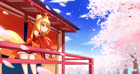 ahoge amber_eyes blonde_hair bow_(feature) clothed clothing day female fluffy fluffy_tail fur hair inner_ear_fluff long_hair outside smile solo standing tail tuft waist_bow horokusa0519 korai_(horokusa) animal_humanoid canid canid_humanoid canine canine_humanoid fox_humanoid humanoid mammal mammal_humanoid 2015 hi_res