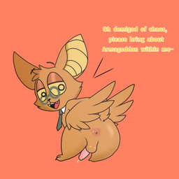 animal_genitalia anus bat_ears eyewear feral fur genitals glasses male orange_body orange_fur penis provocative smile smiling_at_viewer solo text toony wings yellow_eyes unknown_artist onyn_ring_(chikn_nuggit) bat mammal 1:1 hi_res