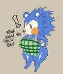 anthro apron apron_only big_breasts blue_body breasts cleavage clothed clothing exclamation_point female mostly_nude question_mark solo text thick_thighs wide_hips fruitysnacks animal_crossing nintendo mabel_able eulipotyphlan hedgehog mammal english_text