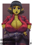 big_breasts black_hair breasts cleavage clothed clothing facial_piercing female green_body green_skin hair hand_on_hip huge_breasts nipple_outline nose_piercing nose_ring not_furry piercing ring_piercing solo hokaiarts goblin humanoid hi_res