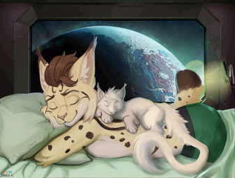 ambiguous_gender anthro bed bedding blanket brown_hair cuddling detailed_background duo ear_tuft eyes_closed feral fur furniture hair hug lying male markings paws pillow planet science_fiction sleeping smile space spacecraft spots spotted_body spotted_fur tail tuft vehicle white_body window yellow_body timhey-fl mythology rimworld satch_(space_lynx) domestic_cat dragon felid feline felis hybrid lynx mammal mythological_creature mythological_scalie scalie digital_media_(artwork) hi_res