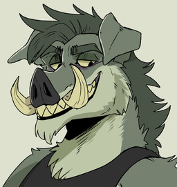 anthro arm_tuft black_clothing black_topwear cheek_tuft chin_tuft clothed clothing facial_tuft floppy_ears fur green_body green_fur green_hair grin hair looking_aside male narrowed_eyes neck_tuft short_hair shoulder_tuft simple_background smile solo tan_teeth teeth three-quarter_view topwear tuft tusks unsigned swampjaws swampy_(imperatorcaesar) mammal suid suine bust_portrait portrait