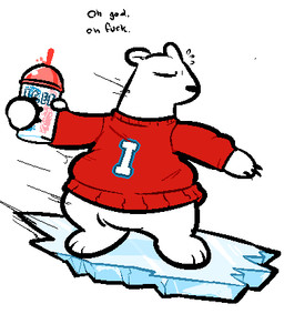 anthro beverage black_nose claws clothing container cup dialogue eyeless fur holding_object ice letter male motion_lines red_clothing red_sweater red_topwear slushie solo surfing sweater topwear white_body white_fur worried newtype_hero icee_bear_(icee) bear mammal polar_bear ursine low_res