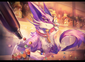 ambiguous_gender black_bars bottle container feral fur jewelry marbles_(toy) necklace paws pink_body pink_fur pokemorph solo spots tail white_body white_fur yellow_eyes cazmo nintendo pokemon yemao_(kianyemao) generation_5_pokemon liepard pokemon_(species) hi_res letterbox