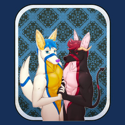 angry anthro black_body black_fur blue_body blue_eyes blue_fur card card_template duo featureless_crotch frown frowning_at_viewer fur hand_holding horn looking_at_viewer male male/male markings muscular muscular_anthro muscular_male pattern_background red_body red_eyes red_fur ring_(marking) ringed_tail simple_background smile smiling_at_viewer spade_tail striped_markings striped_tail stripes tail tail_markings white_body white_fur yellow_body yellow_fur leleo yami_akechi_(devil) yami_akechi_(innocent) canid canine canis jackal mammal 1:1 absurd_res hi_res