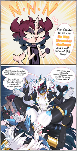 anthro areola big_breasts blush bodily_fluids breasts chastity_cage chastity_device cuckold cum dialogue female fur genital_fluids genitals hair horn humiliation male male/female male_penetrating nipples nude penetration penis sex tail text tongue narwhal69 no_nut_november absurd_res comic english_text hi_res meme incest_(lore) mother_(lore) mother_and_child_(lore) mother_and_son_(lore) parent_(lore) parent_and_child_(lore) parent_and_son_(lore) son_(lore)