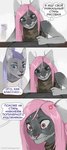 anthro blue_eyes clothed clothing duo eyebrows eyelashes female hair pink_hair purple_hair text juliathedragoncat domestic_cat felid feline felis mammal digital_media_(artwork) hi_res translated