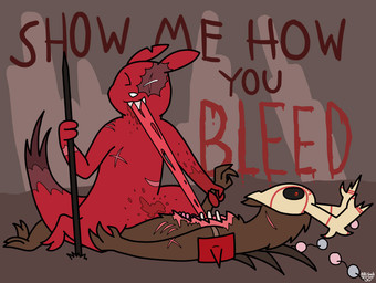 ambiguous_gender anthro blood bodily_fluids duo eating_flesh gore hard_vore mask open_chest ribs scar slim text vivisection vore arl-snek rain_world videocult artificer_(rain_world) chieftain_scavenger scavenger_(rain_world) slugcat hi_res