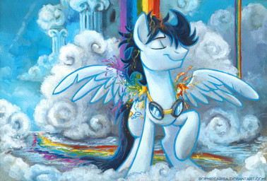 blue_body blue_feathers cloud column cutie_mark eyes_closed eyewear feathered_wings feathers feral goggles hair male messy_hair on_cloud outside quadruped rainbow sky skyscape smile solo standing tail water waterfall wings kenket sophiecabra friendship_is_magic hasbro my_little_pony mythology soarin_(mlp) wonderbolts_(mlp) equid equine mammal mythological_creature mythological_equine pegasus 2013 artist_collaboration painting_(artwork) traditional_media_(artwork) traditional_painting_(artwork)
