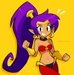 breasts cleavage clothed clothing ear_piercing ear_ring female hair humanoid_pointy_ears long_hair looking_at_viewer not_furry piercing pointy_ears ponytail purple_hair ring_piercing simple_background smile solo tan_body tan_skin dingitydingus shantae_(series) wayforward shantae genie humanoid hi_res signature