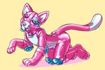 all_fours anthro arm_pads bdsm biped blue_eyes bodysuit bulge clothed clothing collar glistening knee_pads latex latex_clothing male muzzle_(object) muzzled object_in_mouth pacifier pacifier_in_mouth pacifier_muzzle_gag petplay pink_eyes roleplay simple_background skinsuit solo starry_eyes thick_collar tight_clothing yellow_background brevity august_(meowmcmeow) domestic_cat felid feline felis mammal 2024 digital_media_(artwork) hi_res