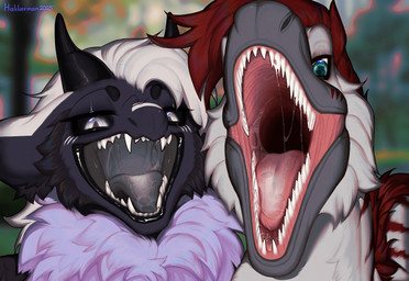anthro black_body black_fur black_mouth black_sclera blue_eyes cute_fangs duo fangs female feral fur gaping_mouth hair intimidation male male/female mouth_shot open_mouth pink_mouth smile teasing teeth tongue tongue_out white_eyes hakkerman mythology angel_(bloodshotgemini) midnight_(virginafox) dinosaur dragon dromaeosaurid mythological_creature mythological_scalie prehistoric_species reptile saurischian scalie theropod hi_res
