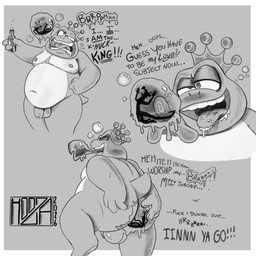 alcohol ambiguous_gender anal anal_vore balls beer beer_bottle belly belly_overhang beverage bodily_fluids bottle burp_bubble burping container crown cruelty drooling drunk duo flaccid forced foreskin genitals headgear in_bubble male navel overweight penis profanity saliva silhouette silhouetted_body slightly_chubby snot substance_intoxication text tongue tongue_out trapped vore kooza wart_(mario) amphibian frog 1:1 comic english_text hi_res monochrome sequence