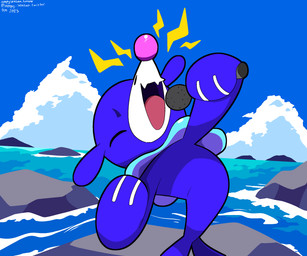 ambiguous_gender blue_body cloud electronics eyes_closed fangs feral markings microphone open_mouth rock sea singing sky solo tail teeth tongue water whisker_markings sleepy_sealion nintendo pokemon generation_7_pokemon pokemon_(species) popplio 2025 6:5 dated hi_res signature