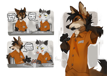 anthro biped bottomwear claws clothed clothed_anthro clothed_male clothing duo fingers front_view fully_clothed fully_clothed_anthro fully_clothed_male fur hair handpaw inside male paws sitting smile standing tail teeth topwear reysi american_opossum canid canine mammal marsupial 2026 digital_drawing_(artwork) digital_media_(artwork)