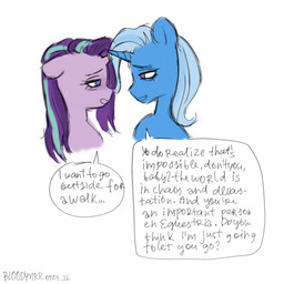 abused blue_body blue_hair broken_horn dialogue dishonesty duo duo_focus female female/female feral group hair horn locked_up looking_at_another manipulation multicolored_hair pink_body purple_hair semi-anthro simple_background smile speech_bubble two_tone_hair white_background bloodymrr friendship_is_magic hasbro mlp_g4 my_little_pony mythology starlight_glimmer_(mlp) trixie_(mlp) equid equine horse mammal mythological_creature mythological_equine pony unicorn 1:1 absurd_res half-length_portrait hi_res portrait