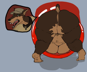 angry anthro big_breasts big_butt breasts butt fast_food_uniform solo thick_thighs elangelote captain_warrington's_play_maze zed_technician_games ashley_(cwpm) canid canine canis dobermann domestic_dog mammal pinscher