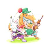 antennae_(anatomy) anthro bandage blue_eyes blush blush_stickers boots bottomwear clothing duo footwear hat headgear headwear long_sleeves looking_away male melee_weapon pants pom_antennae ring shoes shorts simple_background sword weapon white_background wings kinakomocheeni final_fantasy final_fantasy_tactics_advance_2 square_enix bangaa ivalician_moogle mammal moogle hi_res