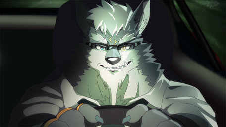 anthro biped blue_body blue_eyes blue_fur driving eyewear fur glasses heterochromia male object_in_mouth solo wearing_glasses white_body white_fur yellow_eyes jaxdoggo_ig canid canine canis mammal wolf 2024 hi_res