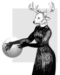 anthro antlers black_nose button_(fastener) clothed clothing collared_dress cracks dress female horn humanoid_hands snout solo saj_who welcome_to_night_vale huntokar arthropod blattodea cockroach deer insect mammal black_and_white hatching_(art) hi_res monochrome shaded