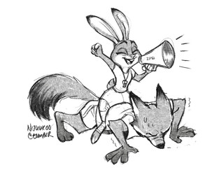anthro bodily_fluids buckteeth clothed clothing duo exercise eyes_closed fully_clothed fur megaphone on_top open_mouth open_smile push-up simple_background smile sweat sweatdrop teeth toeless_legwear whistle_(object) white_background nijuukoo disney zootopia judy_hopps nick_wilde canid canine fox lagomorph leporid mammal rabbit red_fox true_fox 2016 hi_res monochrome signature