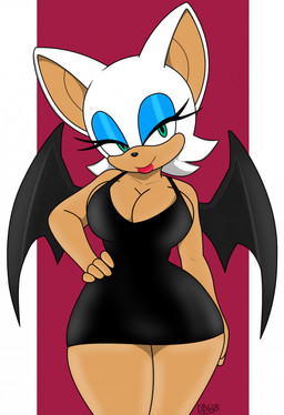 anthro bedroom_eyes big_breasts black_clothing black_dress breasts clothed clothing dress eyeshadow female fur green_eyes lipstick looking_at_viewer makeup membrane_(anatomy) membranous_wings narrowed_eyes red_lipstick seductive simple_background smile solo tan_body tan_skin tight_clothing tight_dress white_body white_fur wings dragonboy618 sega sonic_the_hedgehog_(series) rouge_the_bat bat mammal digital_media_(artwork) hi_res signature