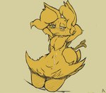ambiguous_gender anthro blush blush_lines fur hands_behind_head inner_ear_fluff narrowed_eyes navel simple_background solo stick tail tuft baddemo nintendo pokemon braixen generation_6_pokemon pokemon_(species) 2025
