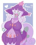 anthro big_breasts biped border breasts cleavage clothed clothing female gesture green_eyes hand_gesture heart_symbol looking_at_viewer navel open_mouth overweight overweight_anthro overweight_female purple_background simple_background solo v_sign white_border witch_costume snackbunnii nintendo pokemon generation_6_pokemon goodra pokemon_(species) hi_res