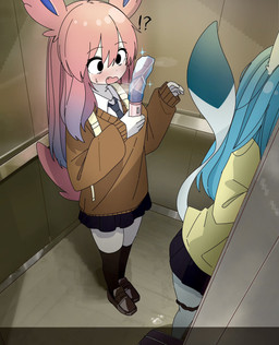 ambiguous_fluids anthro blue_body blue_hair blush bottomwear clothed clothing duo female female/female frozen frozen_solid gradient_hair hair interrobang long_hair multicolored_hair open_mouth photo_background pink_ears pink_hair pink_tail pokemorph sex_toy skirt surprised tail topwear vibrator white_body doremifaso64 nintendo pokemon eeveelution generation_4_pokemon generation_6_pokemon glaceon mammal pokemon_(species) sylveon 2025 colored digital_media_(artwork) hi_res photography_(artwork) shaded