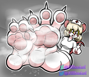 3_toes anthro barefoot blonde_hair blush bodily_fluids breasts claws clothing feet female foot_fetish foot_focus fur hair headgear headwear heart_symbol musk musky_feet nails nurse nurse_clothing nurse_headwear pawpads paws plantigrade smelly smelly_feet smile soles solo steamy_feet sweat sweaty_feet sweaty_paws toes tongue tongue_out white_body white_fur yellow_eyes kibaaoi terrible_mouse lorna_(terrible_mouse) mammal mouse murid murine rodent hi_res