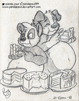 anthro belly big_belly bloated cake cheek_tuft dessert duo eating eyes_closed facial_tuft food gluttony logo male male_anthro navel nude obese overweight simple_background stuffing text tuft young young_anthro young_male pandapaco parinton roni_(imroni) bear border_collie canid canine canis collie domestic_dog giant_panda herding_dog mammal pastoral_dog sheepdog 2018 artist_logo monochrome signature sketch url