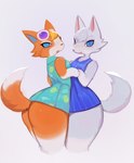 anthro blue_eyes butt clothing dress duo eyewear eyewear_on_head female female/female fur grey_background looking_at_viewer open_mouth orange_body orange_fur simple_background smile sunglasses sunglasses_on_head white_body white_fur soda_uyu animal_crossing nintendo audie_(animal_crossing) whitney_(animal_crossing) canid canine canis mammal wolf 2022 absurd_res hi_res portrait three-quarter_portrait