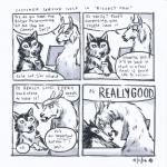 1:1 2016 4koma absurd_res anne_barnetson base_two_layout black_nose camelid canid canine canis comic customer_service_wolf dialogue duo english_text exclamation_point feral four_frame_image grid_layout hi_res llama long_neck mammal question_mark snout speech_bubble text traditional_media_(artwork) two_row_layout wolf