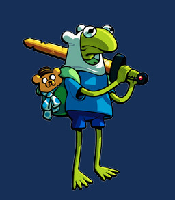 ambiguous_gender anthro bottomwear clothing cosplay crossover_cosplay duo holding_melee_weapon holding_object holding_sword holding_weapon melee_weapon scarlet_(adventure_time) shirt shorts standing sword toony topwear weapon discount-supervillain adventure_time cartoon_network muppets finn_the_human fozzie_bear jake_the_dog kermit_the_frog amphibian canid canine canis domestic_dog frog mammal crossover hi_res