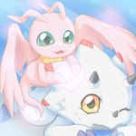 anthro duo green_eyes healing healing_magic heart_symbol horn pink_body white_body wings yellow_eyes sansyonoki64 bandai_namco digimon digimon_(species) gammamon marineangemon 1:1