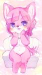 anthro biped blush female fur hair kemono nude open_mouth pink_body pink_fur pink_hair purple_eyes simple_background sitting solo mabo_(artist) canid canine canis domestic_dog mammal