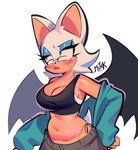 anthro bat_wings big_breasts big_ears black_clothing black_crop_top black_shirt black_topwear black_wings blue_clothing blue_eyeshadow blue_topwear bodily_fluids bottomwear breasts cleavage clothed clothed_anthro clothed_female clothing crop_top eyelashes eyeshadow eyewear female female_anthro fingers front_view fur glasses hair hand_on_hip jewelry lips looking_away makeup membrane_(anatomy) membranous_wings midriff narrowed_eyes navel necklace rectangular_glasses shirt simple_background small_waist solo sweat sweatdrop tail tan_body tan_inner_ear tan_skin thick_eyelashes thick_lips thong_straps topwear undressing wearing_glasses white_background white_body white_fur white_hair white_tail wings mulemount sega sonic_the_hedgehog_(series) rouge_the_bat bat mammal 2024 digital_drawing_(artwork) digital_media_(artwork) half-length_portrait portrait